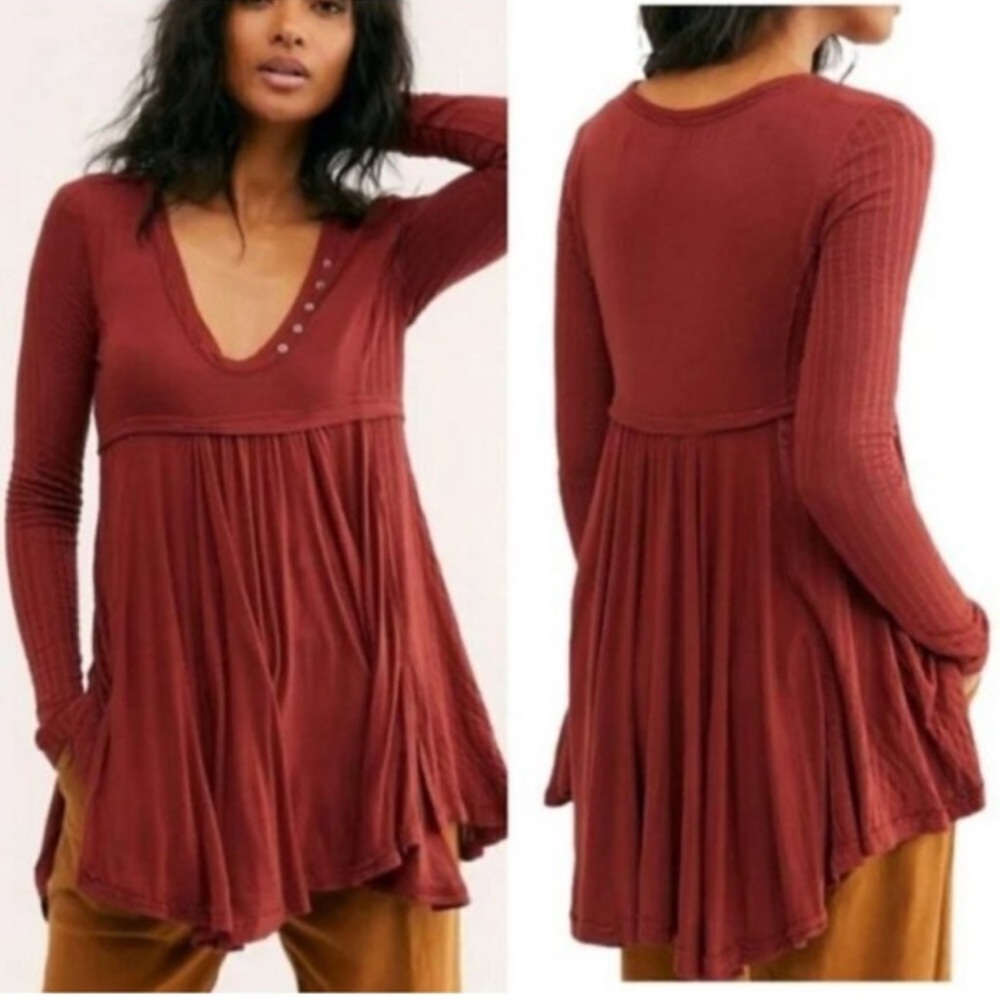 Free People Rust Red Long Sleeve Babydoll Tunic - Picture 4 of 11